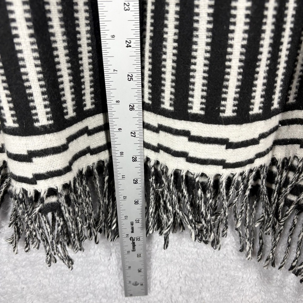 Madewell Hooded Poncho Blanket Jacket Sz L Black White Stripe Wool Blend Fringe - Picture 2 of 8
